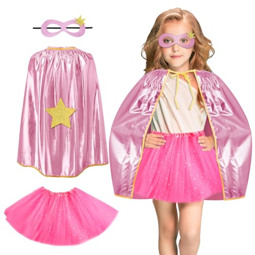 AUYAO Superheld Cape Fünfzackiger Stern Costume Kids 3Pcs Supergirl Doppelseitiges Umhang mit Maske und Rock Halloween Kostüm Kinderkostüm Mädchen Faschingskostüme Karneval Cosplay Cape Kinder(A-Rosa)