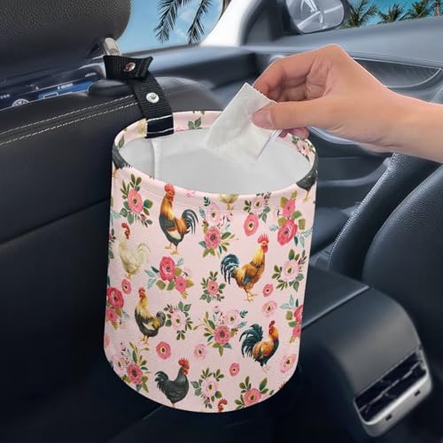 Image of Renewold Car Trash Can Foldable with Adjustable Button Straps Pink Floral Chickens Rooster Organizer Bag for Car Trip Camping Picnic Auto Garbage Can for Console Seat Trash Bin for SUV Van Sedan Truck