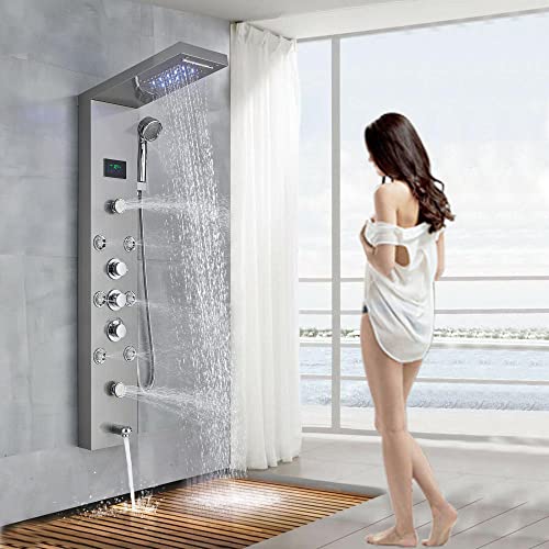 Sistema de columna de ducha LED con lluvia, cascada, masaje y jets corporales en acabado níquel cepillado miniatura 1