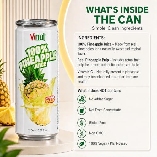 Image of VINUT 100% Pineapple Juice with Real Pulp, Vitamin C Rich, No Added Sugar, Not From Concentrate, Gluten Free & Non-GMO Drink, 100% Vegan /Plant-Based, 10.82 fl oz Cans (Pack of 6)