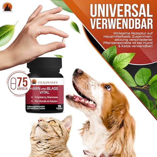 Vitalpfoten 3x75 Harn und Blase Vital Kapseln für Hunde & Katzen mit Cranberry, Mannose und Brennnessel, pflanzliche Hausmittel - Rezeptur für die Blase, Nieren und Harnwege