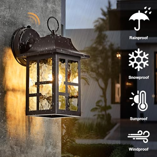 Image of OKELI 2-Pack Dusk to Dawn Exterior Lighting Fixture, Farmhouse Outdoor Wall Lights with Ripple Glass, Aluminum Porch Light Wall Mount, Anti-Rust Outside Wall Sconce for House, Garage(Brown)