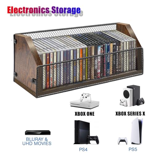 Image of CD Storage Rack, Wooden CD Organizer Holds 64 CDs (32 Each), Retro CD Shelf for Desktop, Perfect for DVD, Blu ray & Video Game Cases, Space Saving