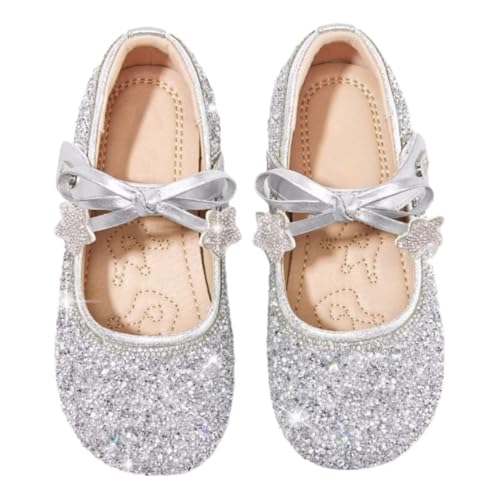 Girls Glitter Mary Jane Flats, Silver Sparkle Ballet Shoes with Star Bow, Slip-On