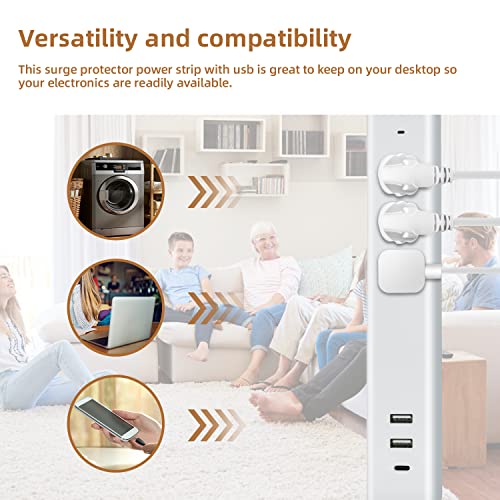 Power Strip Protector contra Sobretensiones con Enchufe Plano, USB C, Carga Rápida 25W, 3 Tomas, 2 Puertos USB, Puerto USB C, Extensión de 1.22 m, Estación de Carga Paquete de 2, Blanco Micmi miniatura 5