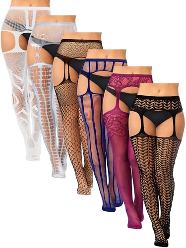 Jadive 6 Pairs Women Plus Size Fishnet Thigh High Stockings Suspender Garter Belt Lingerie Pantyhose Tights for women