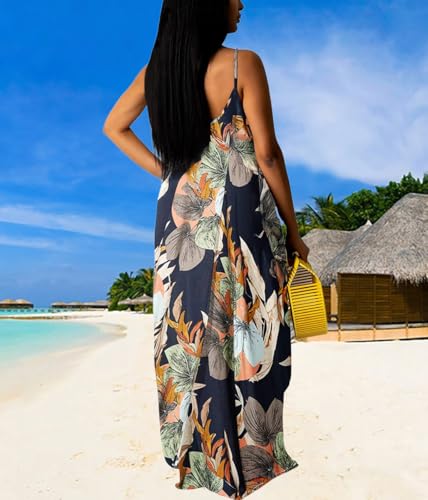 Image of Summer Dresses for Women Spaghetti Strap Beach Floor Length Maxi Sundresses | Floral Print,Casual,with Pockets