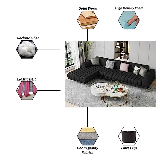 Image of Casaliving Herrick LHS 6 Seater L Shape Sofa Set with 2 Puffy for Living Room (Black) Premium Velvet Fabric Sofa
