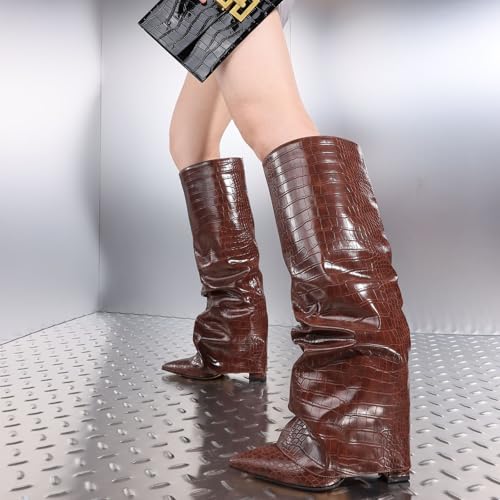 Image of SaraIris Women's Slouchy Knee High Boots - Black, Pointed Toe, Fold Over, Chunky, Shark Boots
