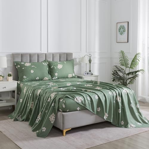 Helthep Vintage Botanical Queen Size 4Pcs Flower Deep Pockets 100% Cotton Sage Green Bed Sheet Set Luxury Bohe Shabby Floral Green Bedding Set 18'' Pocket Depth Farmhouse Bedding