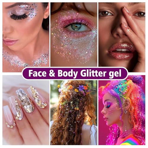 Body Glitter Hair Glitter Face Paint Sparkles Makeup,10 Colors Glitter Gel Singer Concerts Disco Rave Festival Valentine’s Day Accessories,Chunky Sequins Mermaid Gel for Women Eyeshadow Children Hair - Image 5