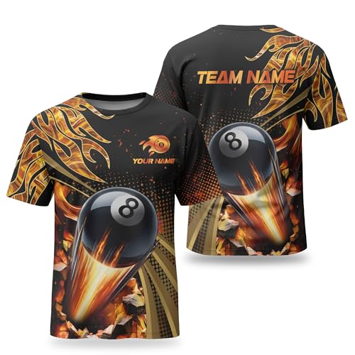 Custom Pool Tee for Team 3D Orange Flame Pattern and 8 Ball T Shirt Personalize Billiard Fan T-Shirt 3XL