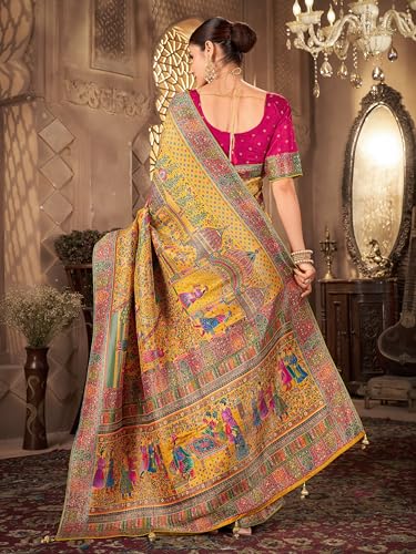 Image of Glory Sarees Women's Luxurious Dola Pure Silk Original Saree Position Print Work Madhubani Inspired Motifs Banarasi Kanjivaram Style Saree With Blouse Piece (Elegant101 Parent)