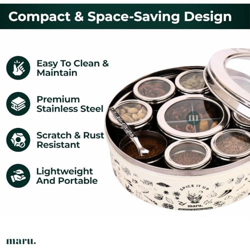 Image of MARU 12-in-1 Printed Stainless Steel Masala Dabba for Kitchen, Elegant and Durable Spice Box with See-Through Individual Lids, Ideal Kitchen Organizer for Storing All Herbs, Spices, and Seasonings