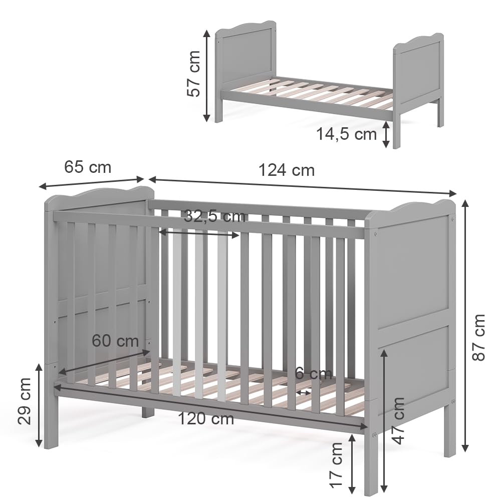 VitaliSpa Culla neonato Tobi, Grigio, 60x120 cm, con rete a doghe regolabile in altezza e sponde laterali rimovibili