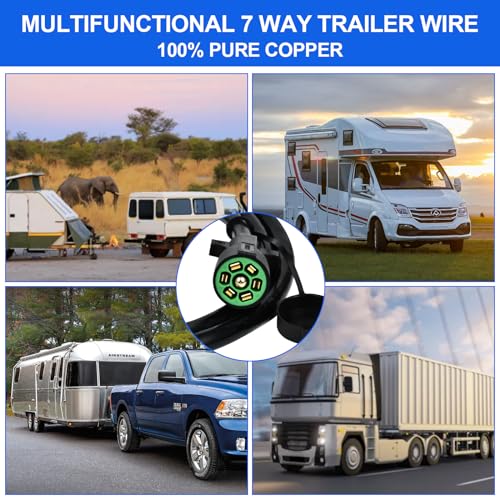 Image of 12 Ft 7 Pin Trailer Plug 10-14AWG 7 Way Trailer Plug Brass 7 Pin Trailer Wiring Harness Heavy Duty 7 Wire Trailer Wiring Harness Kit With Dust Cover 7 Way Trailer Wire for Rv Trailer Camper
