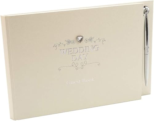 Happy Homewares Libro de invitados de marfil para el día de la boda en texto chapado en plata y joya de corazón de diamantes con hermosa decoración