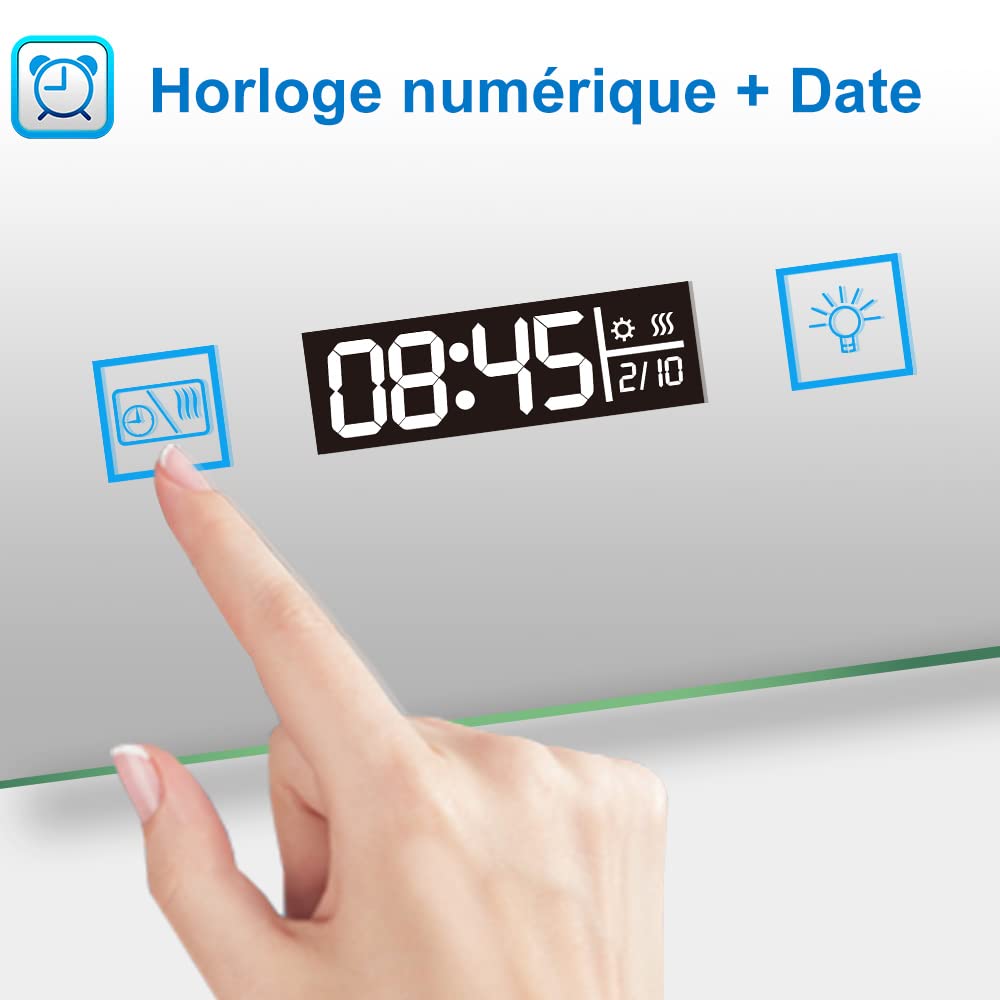 Miroir Salle De Bain LED HAPAOSO 120x70cm - Bluetooth, Horloge, Anti-Buée, IP44