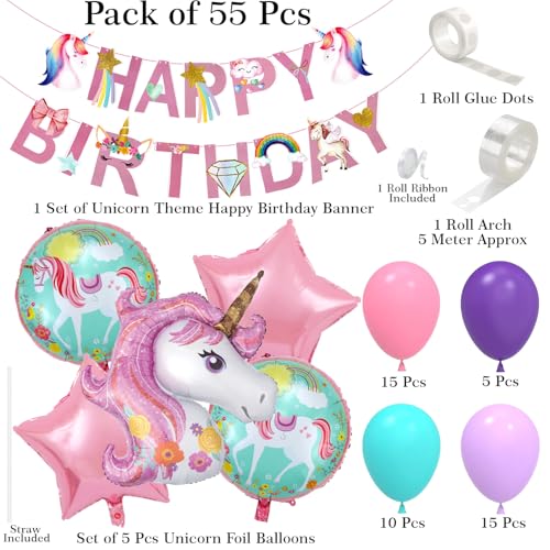 Image of Unicorn Theme Birthday Decoration Kit Set of 55 Pcs | Happy Birthday Banner with Unicorn Foil Balloon & Latex Balloons Decor for Girls Bday Party Decorations Items