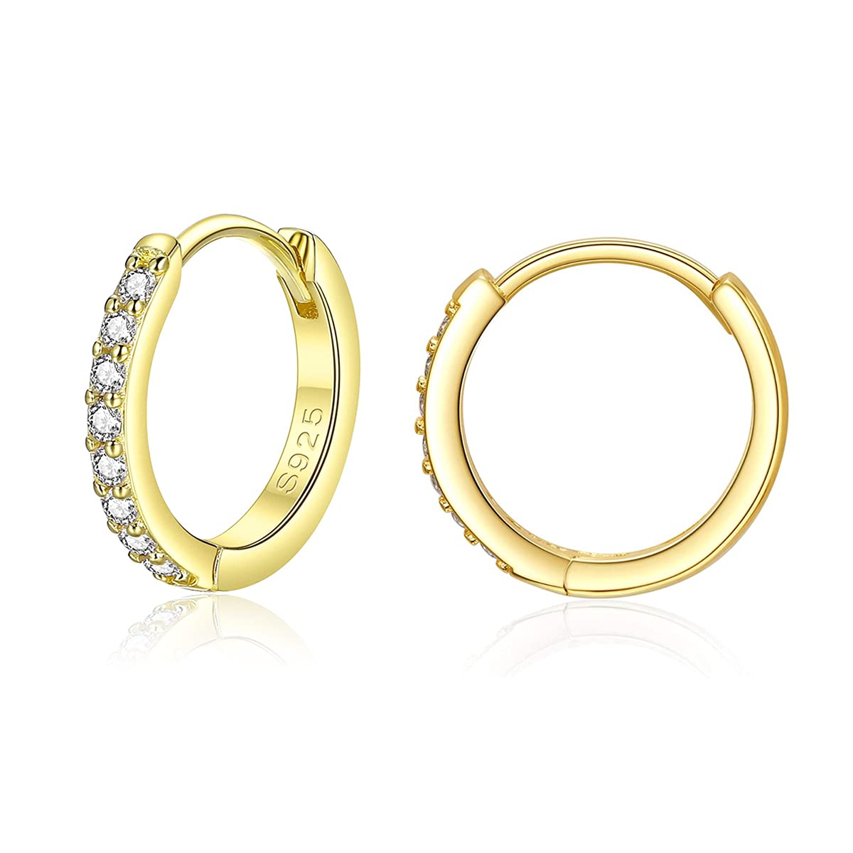 Deyanse Pendientes de aro de plata para mujer, pendientes de aro de plata de ley 925 con circonitas blancas, unisex, pequeños para dormir, pendientes de aro de plata para mujer y niña, 10, 12, 14 mm,