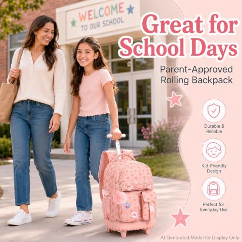 Image of CCJPX Rolling Backpack for Girls, 3Pcs Roller Wheeled School Bookbag, Star Wheels Backpacks with Lunch Box for Kids (Pink)