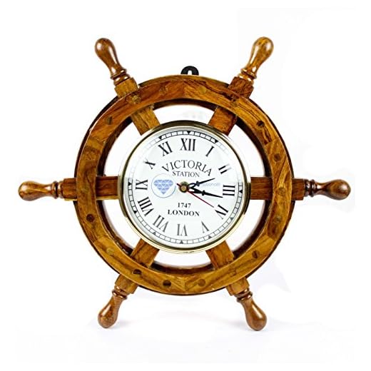Nagina International Nautical Handcrafted Wooden Premium Wall Decor Wooden Clock Ship Wheels | Pirate's Accent | Maritime Decorative Timekeeper (12 Inches, Clock Size - 5 Inches)