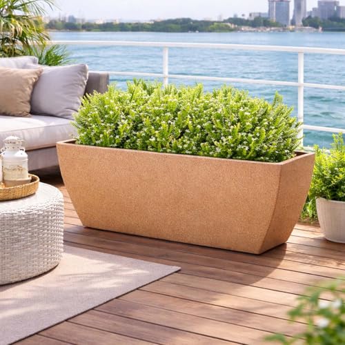 Image of Go Hooked Recta Curve 36 Inch Rectangle Planter Pot | Big Size Polymer Gamla for Plants | Heavy-Duty UV Resistant Outdoor & Indoor Flower Pot for Balcony, Terrace & Garden (Brown)