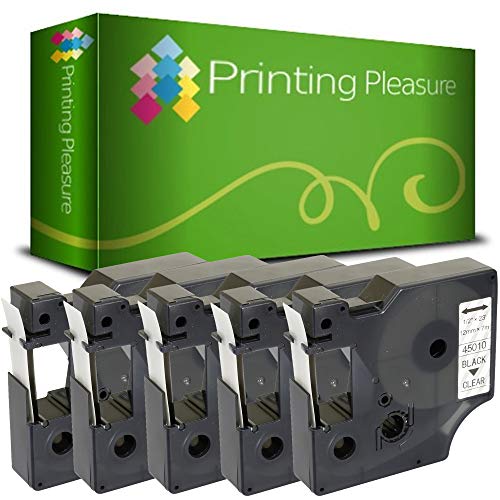 Printing-Pleasure-5-x-D1-45010-S0720500-Negro-sobre-Transparente-Cinta-Compatible-con-Dymo-LabelManager-160-210D-220P-260P-280-360D-420P-450D-500TS-PnP-LabelPoint-LabelWriter-450-Duo-12mm-x-7m