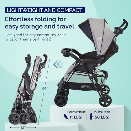 Kolcraft Cloud Plus Lightweight Umbrella Stroller for Toddlers with Reclining Seat, Large Storage Basket, Canopy, Infant & Parent Trays, Compact Fold for Summer Travel, Durable Frame, Slate Gray - Image 3