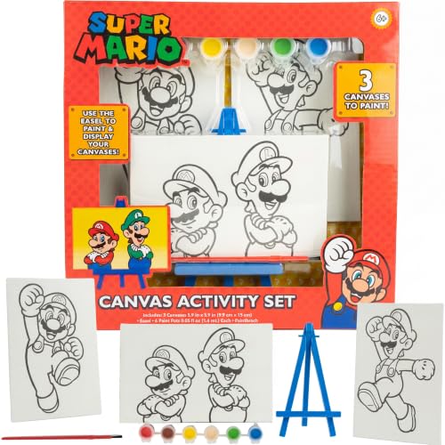 Super Mario Canvas Painting Kit for Kids 3 Preprinted Mini Canvases for Painting Easel 6 Paint Pots and Brush Acrylic Paint Set for Children