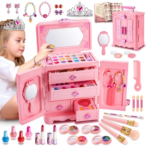 Hollyhi Kit de maquillaje real para niña, juego de maquillaje lavable con cosméticos y herramientas (rosa)
