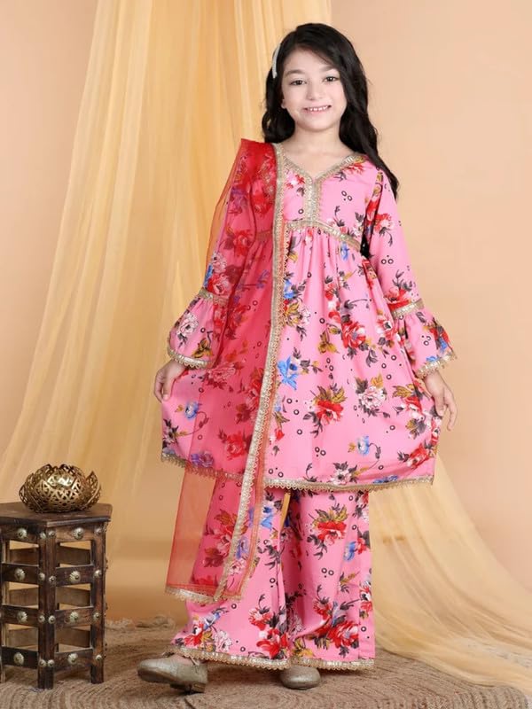 Image of Amazon Brand - Anarva Pink Floral Girls Ethnic Kurta Set with Dupatta, Lehenga Choli Wear Traditional Outfit, Festive Dress for Kids