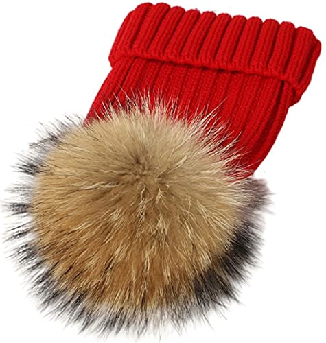 Feifanshop - Gorro de lana para mujer con pompón de pelo auténtico, para invierno rojo Talla única Cover