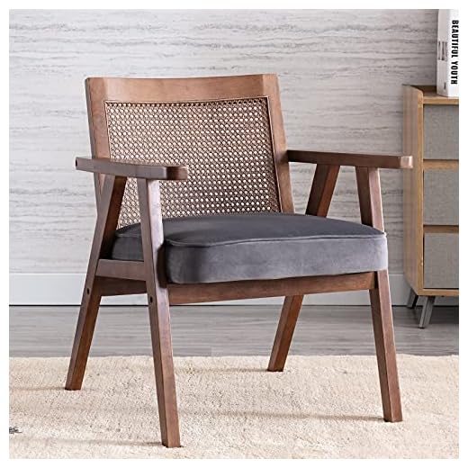 Guyou Mid Century Modern Rattan Chair, Comfy Retro Accent Arm Chair with Mesh Back Upholstered Wooden Boho Patio Chairs for Living Room Bedroom Reading Indoor Outdoor (Gray