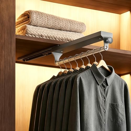 ERWEY Tringle Penderie Extensible 30 cm avec Poignée Ronde, Barre Télescopique 25 kg, Coulissante et Gain de Place pour Armoire, Dressing, Placard ou...