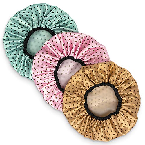 Shower Caps for Women 3 Pack in Different Colors - Large Opening for Short and Long Hair - Reusable Bath Hair Cap for Ladies, Men and Kids