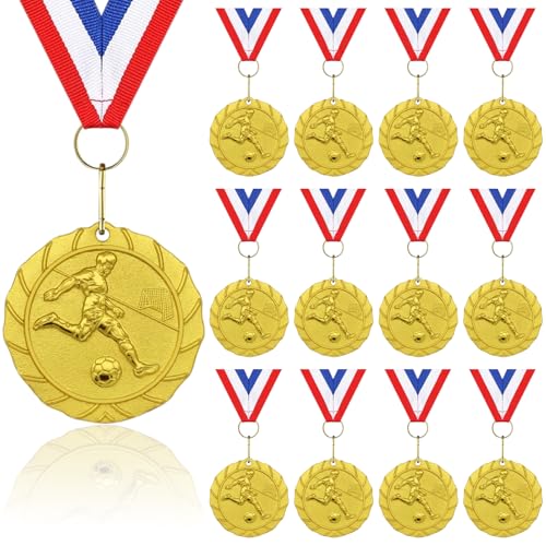 Donrime Lot de 12 médailles de football dorées pour enfants et adultes – Prix des champions avec rubans tricolores pour gagnants, matchs et événements