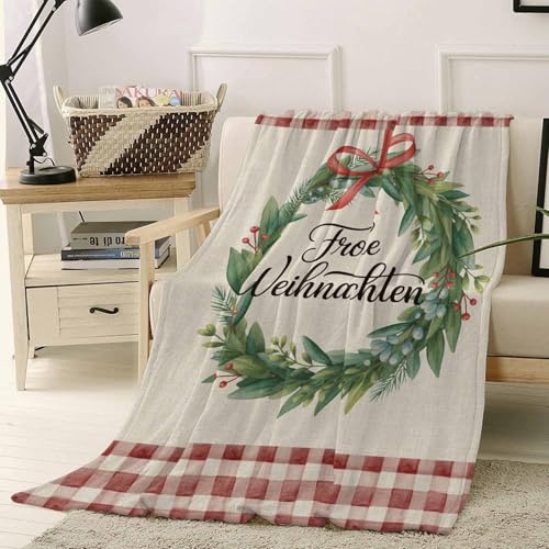 Ooomigasusi ブランケット 掛け毛布 フランネル 厚手 柔らかい肌触り 暖かい 保温 ふわふわ 冷え対策 春秋冬用 軽量 おしゃれ 膝掛け 静電気防止 毛抜けない 抗菌 クリスマス 花輪 チェック ベージュ背景 80x120cm