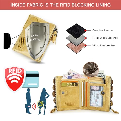 Image of CONTACTS Soft Leather Wallet for Women Small Bifold Coin Purse Double Zipper Card Holder with RFID Blocking (Yellow)