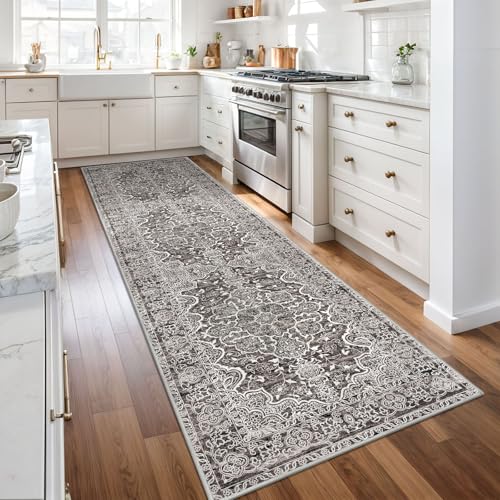 KUTA Vintage Floral Washable Rug Runners 3x10, Tan Grey Non-Slip Kitchen Hallway Long Rugs 10ft with Rubber Backing, Printed Modern Soft Carpet for Entryway Indoor Dining Room