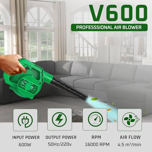 Image of AEGON V600 Professional Air Blower 600W with Flow Control, 100% Copper Motor, 16000 RPM, Powerful 4.5 m /min Airflow - for Car, Home, Garden & PC Cleaning - Green
