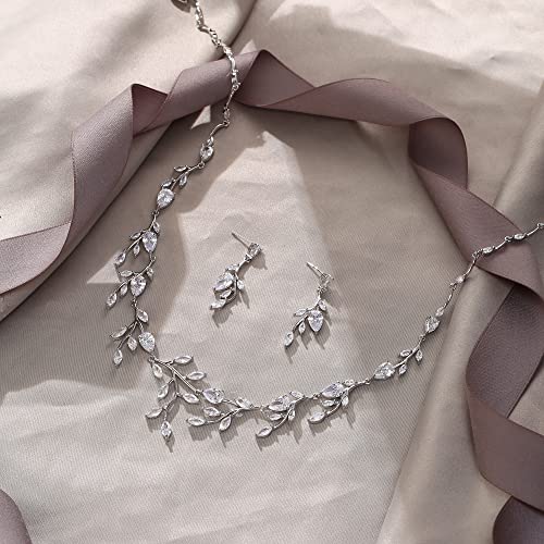 EVER FAITH Wedding Jewelry for Bride Women Bridesmaid, Sparkly Cubic Zirconia Pear-Shaped Birthstone Leaf Necklace Earrings Set for Prom4