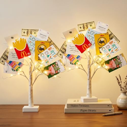 PABIPABI Money Tree Gift Holder, Set of 2 Birch Tree with 24 Clear Clips, Battery/USB Powered Timer...