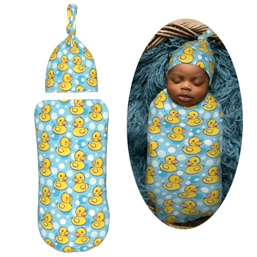 Image of Kawaii Happy Duck Newborn Swaddle Blankets Hat Sets Soft Baby Receiving Blanket Swaddle Sack for Baby Shower Infant Boy Girl Gift