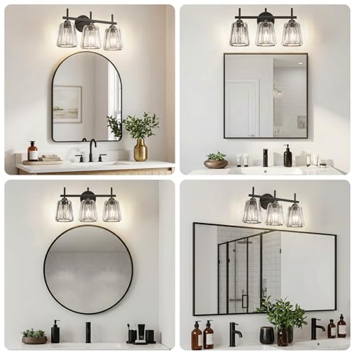 Image of Crystal Bathroom Light Fixtures Over Mirror, Black 3-Light Bathroom Vanity Lights Over Mirror Modern Wall Lighting Sconces with Ceramic E26 Base (Bulbs Not Include)