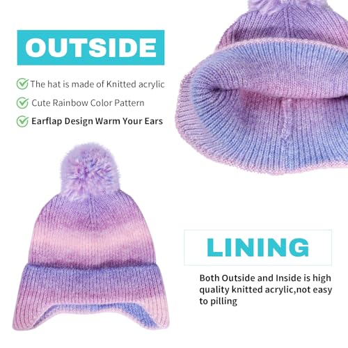 ACTLATI Kids Beanie with Ear Flaps for Boys Girls Pom Knit Hats Fleece Lining Winter Outdoor Skull Snow Ski Cap Age 2-104