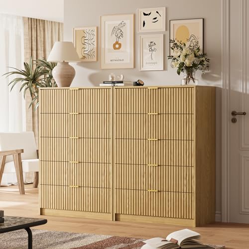 Image of MAISONARIA 47 inch Tall Fluted 5-Drawer Dresser for Bedroom, Natural