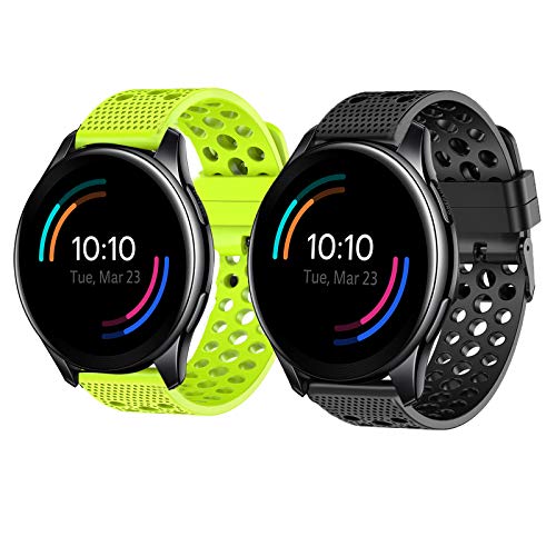 YOUkei Compatible for OnePlus Watch Band, Quick Release Silicone Replacement Wristbands Sport Strap with Metal Buckle Compatible for OnePlus Watch Smartwatch (2 Pack-Black+Green)