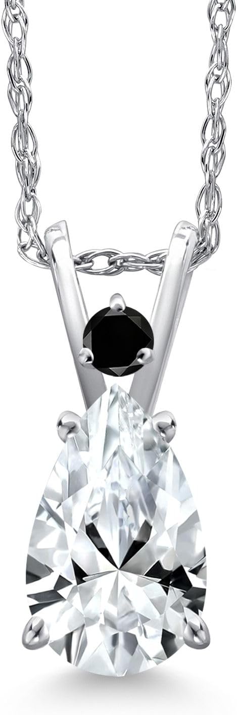 Gem Stone King 14K White Gold White Created Sapphire and Black Diamond Pendant Necklace for Women | 1.61 Cttw | Gemstone September Birthstone | Pear Shape 9X6MM | With 18 Inch Chain