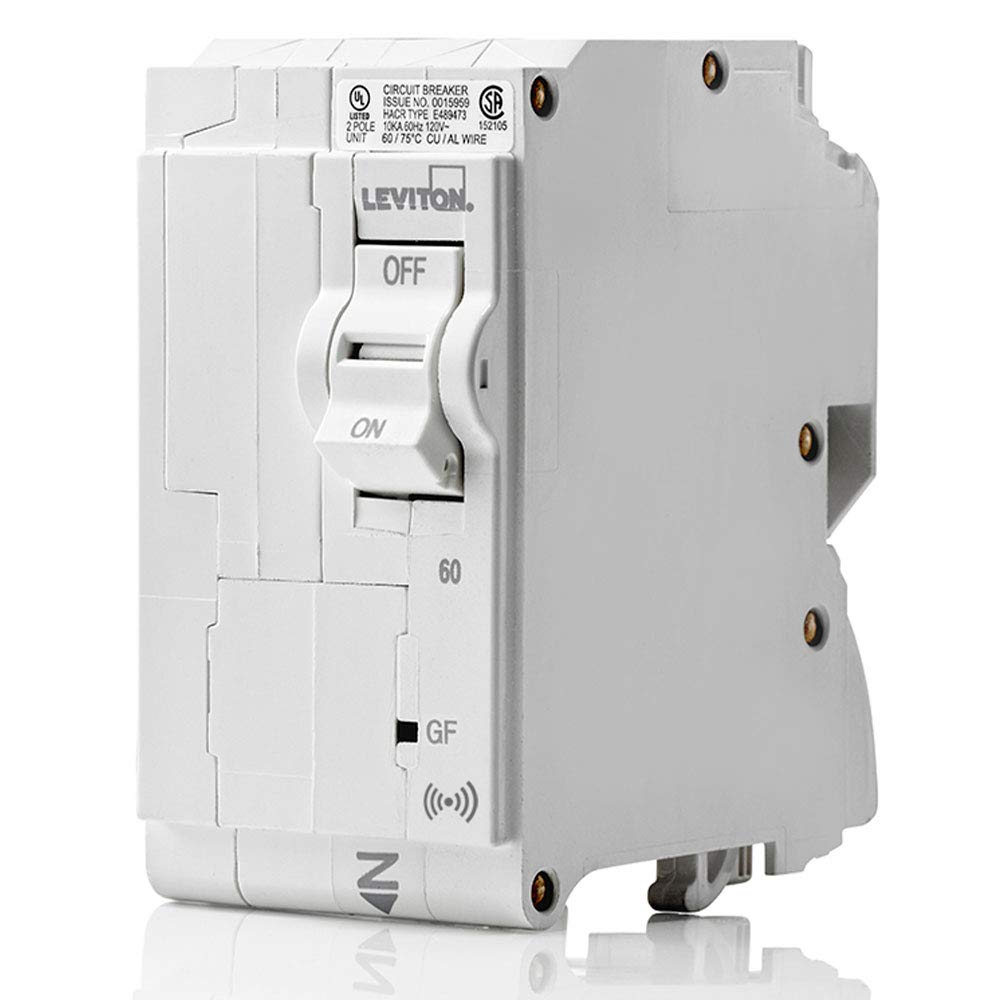 Priekyje view of the Leviton LB260-ES 60A 2-Pole Smart GFPE Branch Circuit Breaker, showing the ON/OFF switch and GFPE indicator.